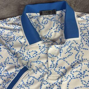 G/FORE Polo Shirt Mens Medium White Blue Stars Print Golf Performance Stretch‎